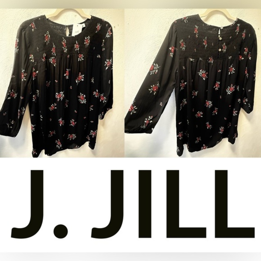 NWT J.Jill Black Floral Smocked Peasant Blouse – Rayon – Size Medium